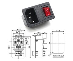 PAC01AR1 - SINORS Panel Mount AC Power Inlet Module with Fuses, Rocker Switch & Red Light, IEC C14 Socket 250V 10A, Snap-in Installation for Electrical Enclosure