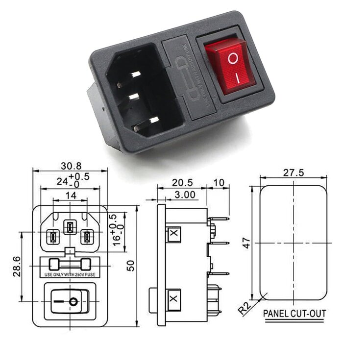 PAC01AR1 - SINORS Panel Mount AC Power Inlet Module with Fuses, Rocker Switch & Red Light, IEC C14 Socket 250V 10A, Snap-in Installation for Electrical Enclosure
