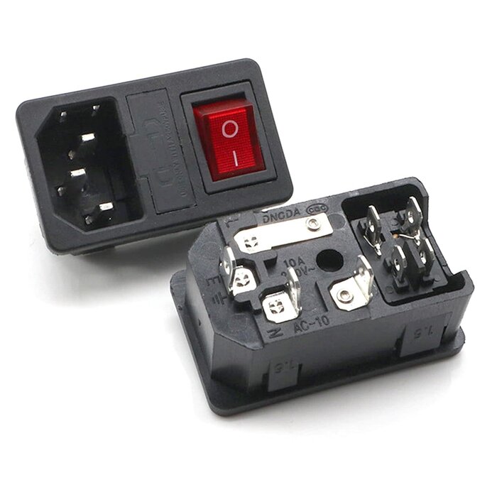 PAC01AR1 - SINORS Panel Mount AC Power Inlet Module with Fuses, Rocker Switch & Red Light, IEC C14 Socket 250V 10A, Snap-in Installation for Electrical Enclosure