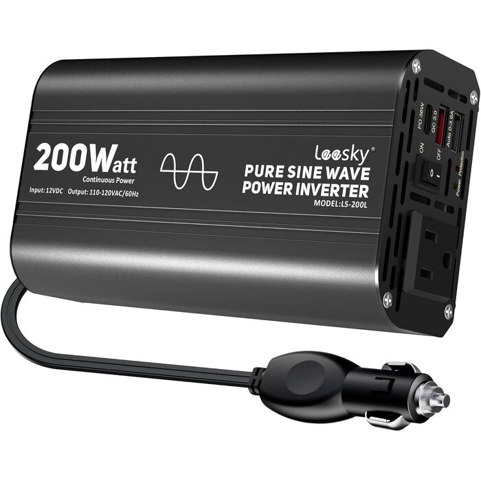 PS-PINV-200W - Leesky Pure Sine Wave Car Inverter 200 Watt 12V DC to 110V 120V AC Car Power Inverter Converter with 30W PD USB-C & QC3.0 USB-A Fast Charging for Vehicle Truck RV