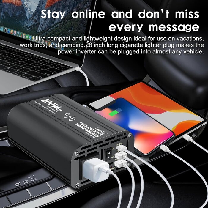 PS-PINV-200W - Leesky Pure Sine Wave Car Inverter 200 Watt 12V DC to 110V 120V AC Car Power Inverter Converter with 30W PD USB-C & QC3.0 USB-A Fast Charging for Vehicle Truck RV