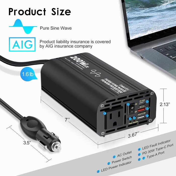 PS-PINV-200W - Leesky Pure Sine Wave Car Inverter 200 Watt 12V DC to 110V 120V AC Car Power Inverter Converter with 30W PD USB-C & QC3.0 USB-A Fast Charging for Vehicle Truck RV