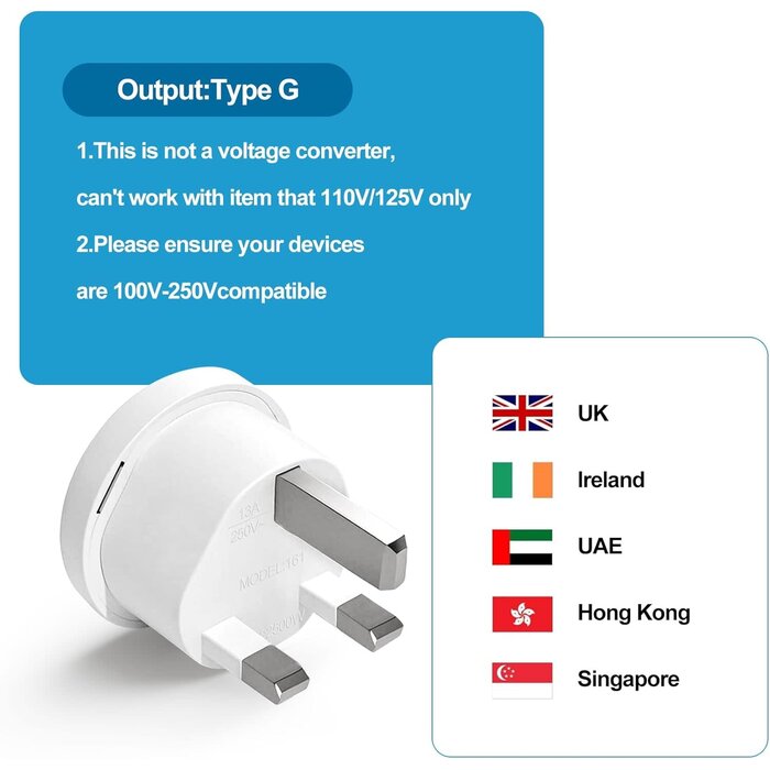 TYPE-G-1 - Ziissup UK Plug Adapter for Travel, Type G International Power Adapter for UK Hong Kong Ireland UAE