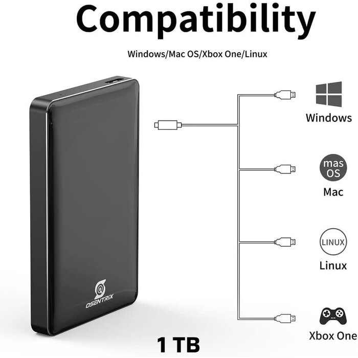 O1-BK-1TB - OSENTRiX 1TB USB 3.0 Pocket-Size Portable External Hard Drive (for Windows, MacOS, Xbox, PS)