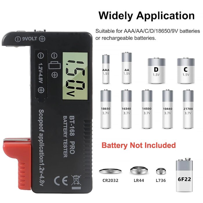 BT-168-PRO - AOICRIE Battery Tester, Digital LCD Universal Battery Checker Small Battery Testers for AA AAA C D 9V 18650 Button Cell Household Batteries Model BT-168 PRO Battery Checker Tester