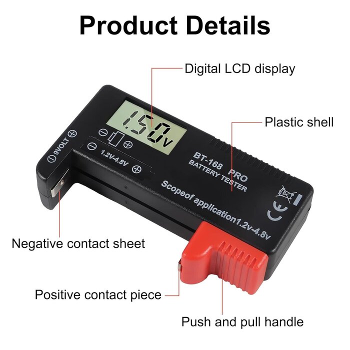 BT-168-PRO - AOICRIE Battery Tester, Digital LCD Universal Battery Checker Small Battery Testers for AA AAA C D 9V 18650 Button Cell Household Batteries Model BT-168 PRO Battery Checker Tester