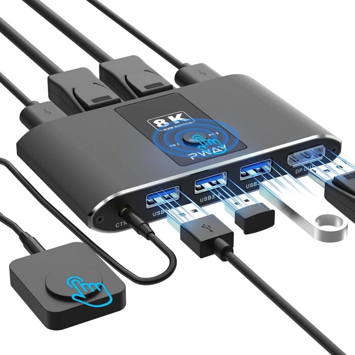 S7238P - BDFFLY KVM DisplayPort Switch 1 Monitor 2 Computers, DP 1.4 & 3 USB 3.0 Ports (3 USB-A), Supports 8K@60Hz, Control 2 PCs Sharing 1 Monitor & USB Devices, Wired Remote and Button Switch, Adaptive EDID