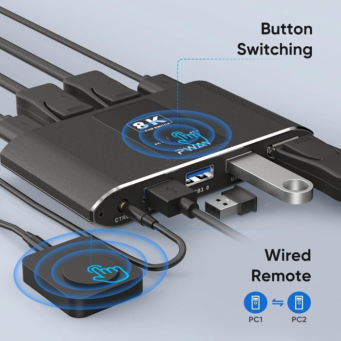S7238P - BDFFLY KVM DisplayPort Switch 1 Monitor 2 Computers, DP 1.4 & 3 USB 3.0 Ports (3 USB-A), Supports 8K@60Hz, Control 2 PCs Sharing 1 Monitor & USB Devices, Wired Remote and Button Switch, Adaptive EDID