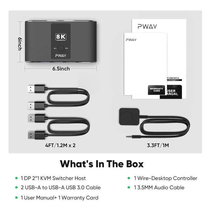 S7238P - BDFFLY KVM DisplayPort Switch 1 Monitor 2 Computers, DP 1.4 & 3 USB 3.0 Ports (3 USB-A), Supports 8K@60Hz, Control 2 PCs Sharing 1 Monitor & USB Devices, Wired Remote and Button Switch, Adaptive EDID