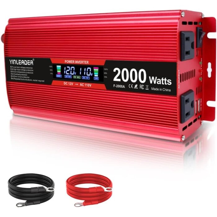 INV-2000W - Yinleader 2000 watt Inverter 12V to 110V/120V, dc to ac Inverter 2000W Car Converter with Intelligent LCD Display Dual AC Outlets Dual USB Charging Port for RV Truck Laptop