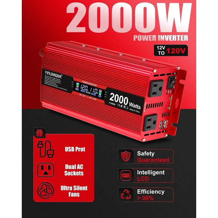 INV-2000W - Yinleader 2000 watt Inverter 12V to 110V/120V, dc to ac Inverter 2000W Car Converter with Intelligent LCD Display Dual AC Outlets Dual USB Charging Port for RV Truck Laptop