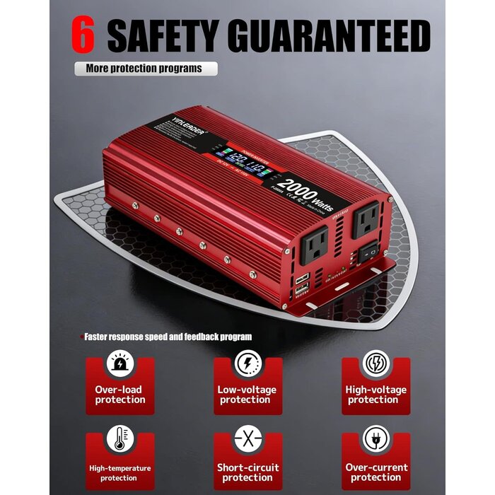 INV-2000W - Yinleader 2000 watt Inverter 12V to 110V/120V, dc to ac Inverter 2000W Car Converter with Intelligent LCD Display Dual AC Outlets Dual USB Charging Port for RV Truck Laptop