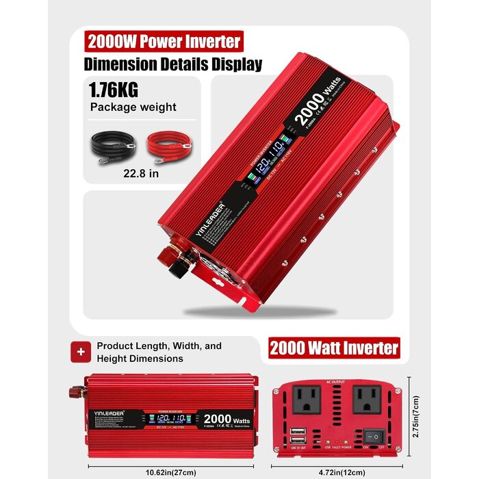 INV-2000W - Yinleader 2000 watt Inverter 12V to 110V/120V, dc to ac Inverter 2000W Car Converter with Intelligent LCD Display Dual AC Outlets Dual USB Charging Port for RV Truck Laptop