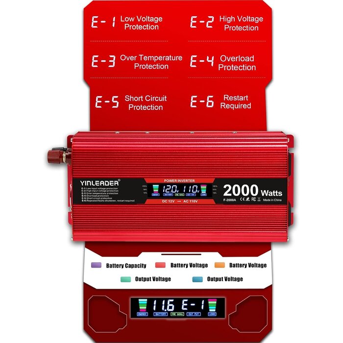 INV-2000W - Yinleader 2000 watt Inverter 12V to 110V/120V, dc to ac Inverter 2000W Car Converter with Intelligent LCD Display Dual AC Outlets Dual USB Charging Port for RV Truck Laptop