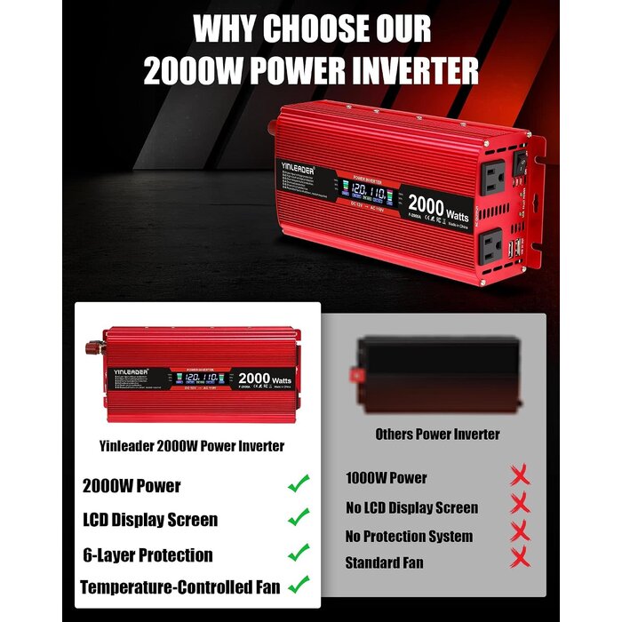INV-2000W - Yinleader 2000 watt Inverter 12V to 110V/120V, dc to ac Inverter 2000W Car Converter with Intelligent LCD Display Dual AC Outlets Dual USB Charging Port for RV Truck Laptop