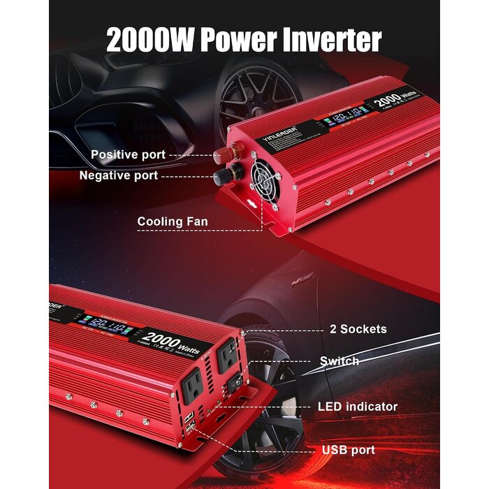 INV-2000W - Yinleader 2000 watt Inverter 12V to 110V/120V, dc to ac Inverter 2000W Car Converter with Intelligent LCD Display Dual AC Outlets Dual USB Charging Port for RV Truck Laptop