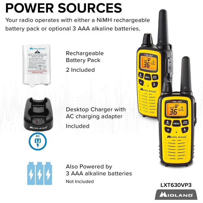 LXT600VP3 - Midland 36 Channel FRS Two-Way Radio - Up to 30 Mile Range Walkie Talkie, 121 Privacy Codes, NOAA Weather Scan + Alert
