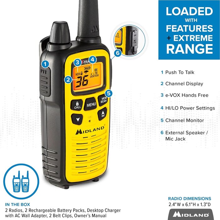 LXT600VP3 - Midland 36 Channel FRS Two-Way Radio - Up to 30 Mile Range Walkie Talkie, 121 Privacy Codes, NOAA Weather Scan + Alert