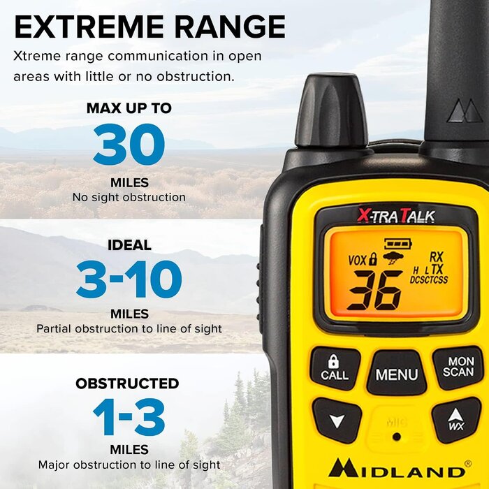 LXT600VP3 - Midland 36 Channel FRS Two-Way Radio - Up to 30 Mile Range Walkie Talkie, 121 Privacy Codes, NOAA Weather Scan + Alert