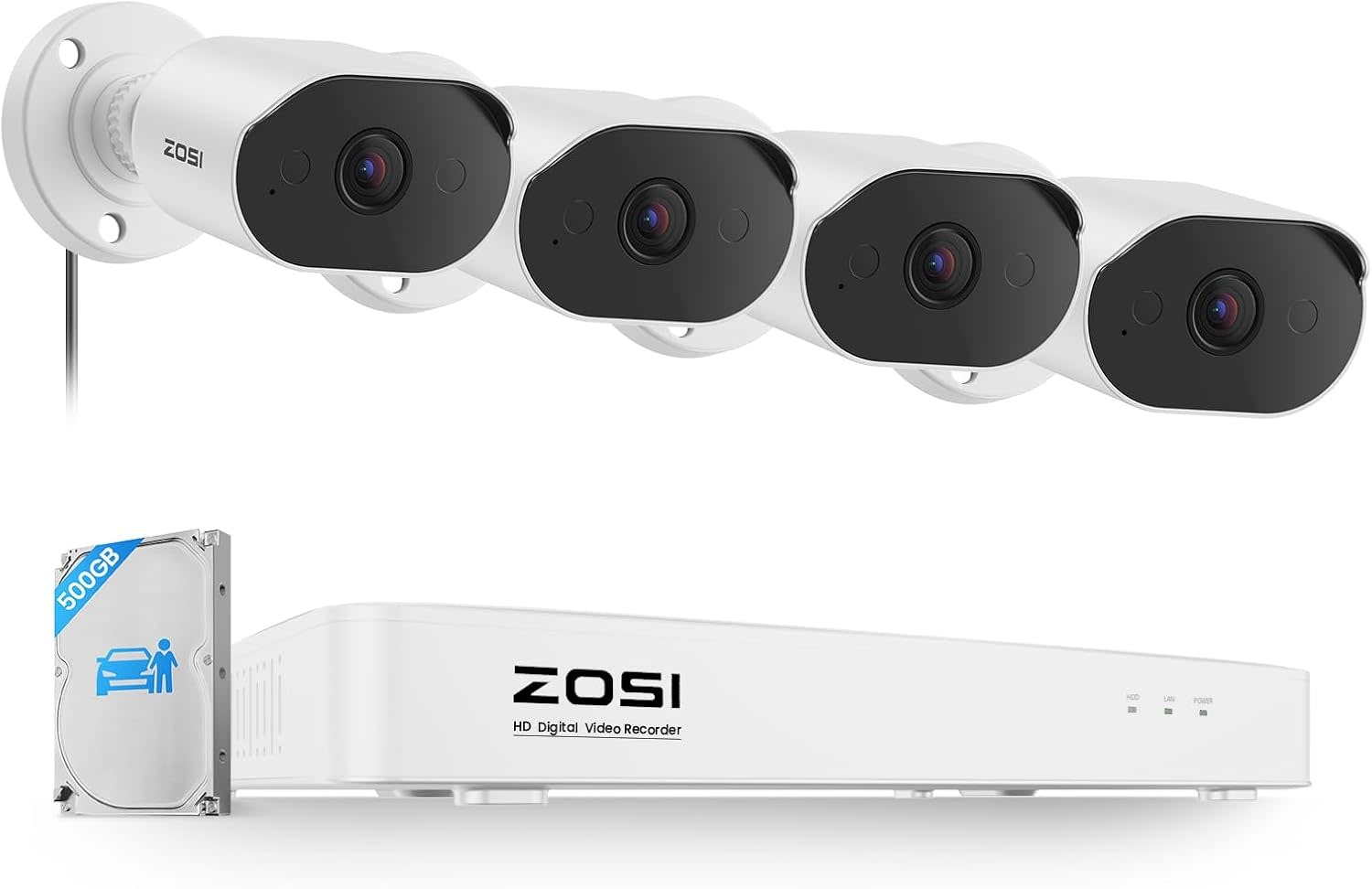 82U05-3032W4-US-V1 - ZOSI 8CH Home Security Camera System with Audio, AI Human Vehicle Detection, 4pcs 1080p Wired Cameras Outdoor Indoor, Night Vision, No Monthly Fees, H.265+ 8 Channel DVR with 500GB HDD for 24/7 Recording