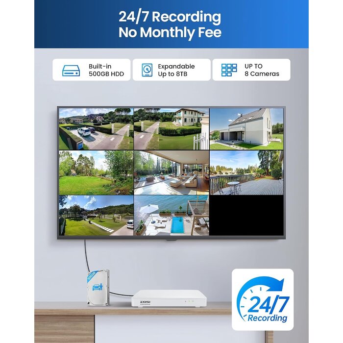 82U05-3032W4-US-V1 - ZOSI 8CH Home Security Camera System with Audio, AI Human Vehicle Detection, 4pcs 1080p Wired Cameras Outdoor Indoor, Night Vision, No Monthly Fees, H.265+ 8 Channel DVR with 500GB HDD for 24/7 Recording