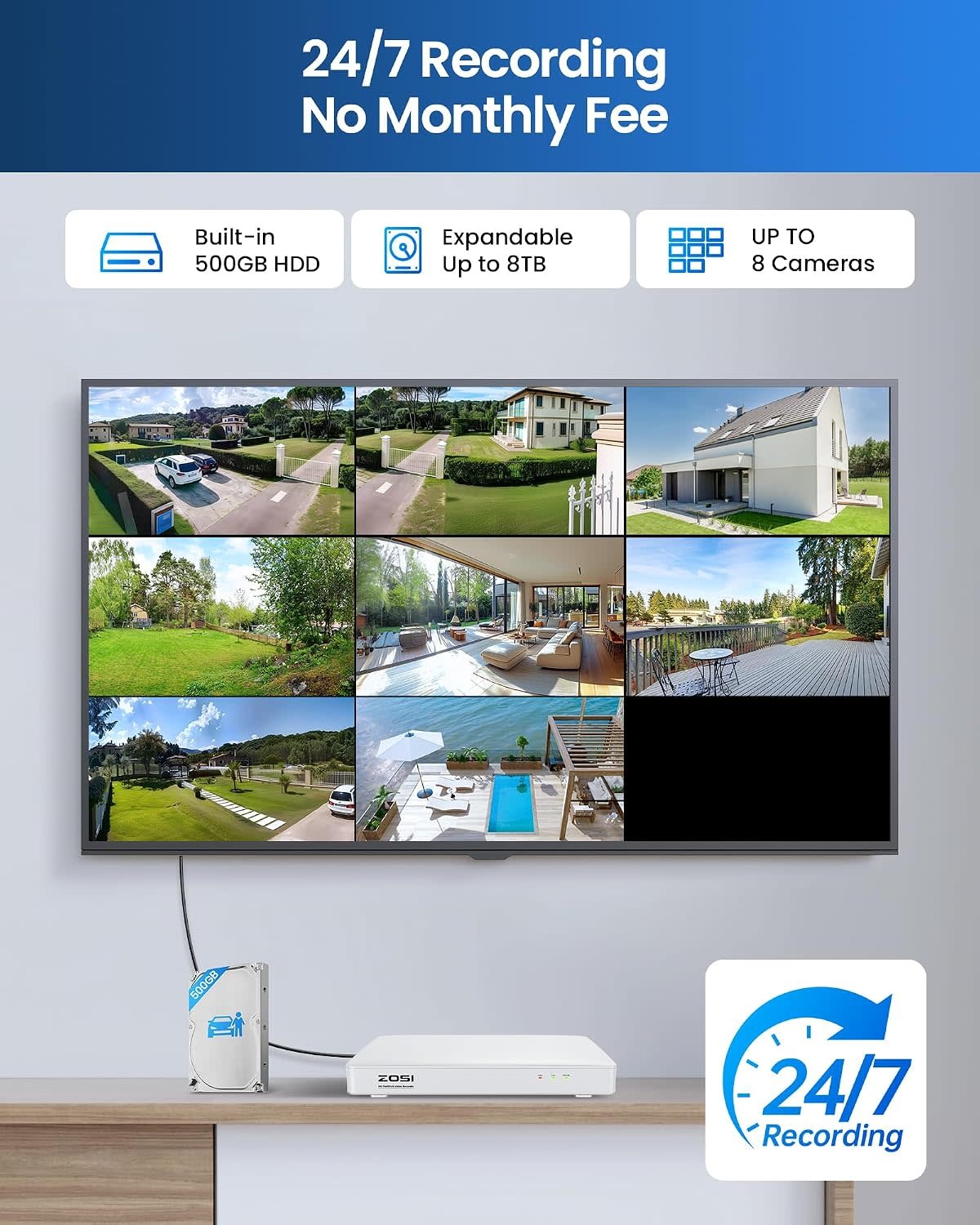 82U05-3032W4-US-V1 - ZOSI 8CH Home Security Camera System with Audio, AI Human Vehicle Detection, 4pcs 1080p Wired Cameras Outdoor Indoor, Night Vision, No Monthly Fees, H.265+ 8 Channel DVR with 500GB HDD for 24/7 Recording