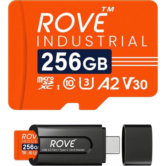 RI-256GB -  ROVE Industrial 256GB Micro SD Card with USB 3.0 Type C Card Reader, High Endurance microSDXC Memory Card 100MB/s Read Speed, C10, U3, V30, 4K, A2 for Dash Cam, Android Smart Phones, Tablets, Games
