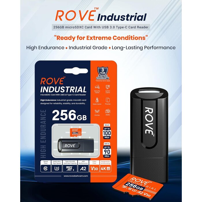 RI-256GB -  ROVE Industrial 256GB Micro SD Card with USB 3.0 Type C Card Reader, High Endurance microSDXC Memory Card 100MB/s Read Speed, C10, U3, V30, 4K, A2 for Dash Cam, Android Smart Phones, Tablets, Games