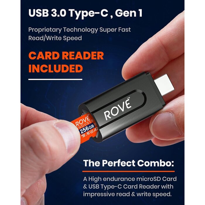 RI-256GB -  ROVE Industrial 256GB Micro SD Card with USB 3.0 Type C Card Reader, High Endurance microSDXC Memory Card 100MB/s Read Speed, C10, U3, V30, 4K, A2 for Dash Cam, Android Smart Phones, Tablets, Games