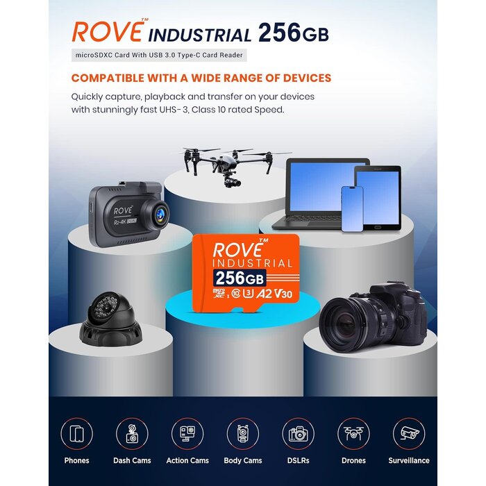 RI-256GB -  ROVE Industrial 256GB Micro SD Card with USB 3.0 Type C Card Reader, High Endurance microSDXC Memory Card 100MB/s Read Speed, C10, U3, V30, 4K, A2 for Dash Cam, Android Smart Phones, Tablets, Games