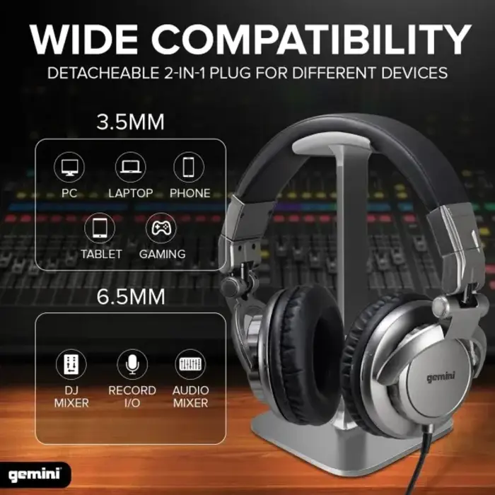 GCIDJX500 - Gemini® Over-the-Ear Professional DJ Headphones, 1/4in & 3.5mm Connection, Silver and Black, DJX-500