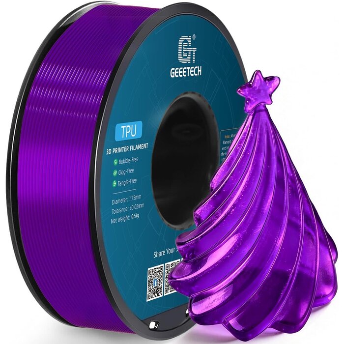 TPU-PRPL - Geeetech Clear Purple TPU Filament 1.75mm, Shore 95A Flexible 3D Printer Filament with High Elasticity, 1KG (2.2lbs) Spool, Dimensional Accuracy ±0.03mm, Fits Most FDM Printers