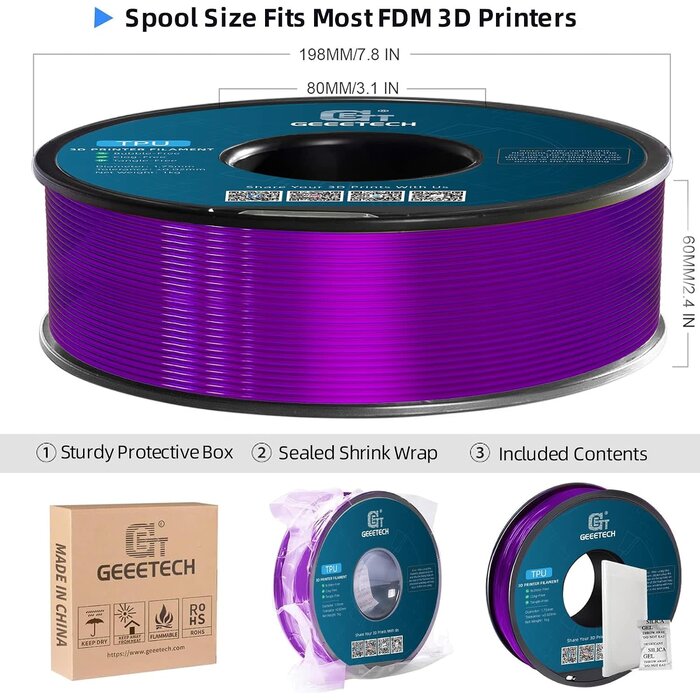 TPU-PRPL - Geeetech Clear Purple TPU Filament 1.75mm, Shore 95A Flexible 3D Printer Filament with High Elasticity, 1KG (2.2lbs) Spool, Dimensional Accuracy ±0.03mm, Fits Most FDM Printers