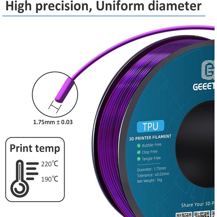 TPU-PRPL - Geeetech Clear Purple TPU Filament 1.75mm, Shore 95A Flexible 3D Printer Filament with High Elasticity, 1KG (2.2lbs) Spool, Dimensional Accuracy ±0.03mm, Fits Most FDM Printers