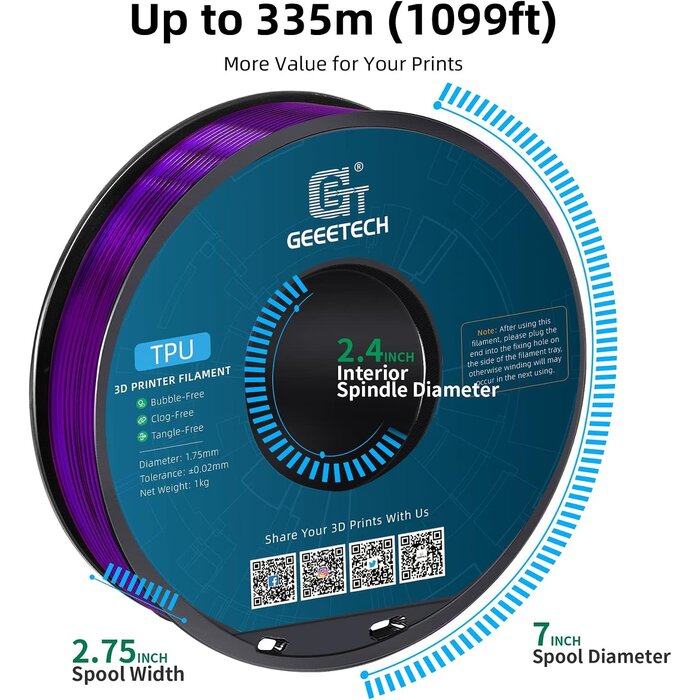 TPU-PRPL - Geeetech Clear Purple TPU Filament 1.75mm, Shore 95A Flexible 3D Printer Filament with High Elasticity, 1KG (2.2lbs) Spool, Dimensional Accuracy ±0.03mm, Fits Most FDM Printers