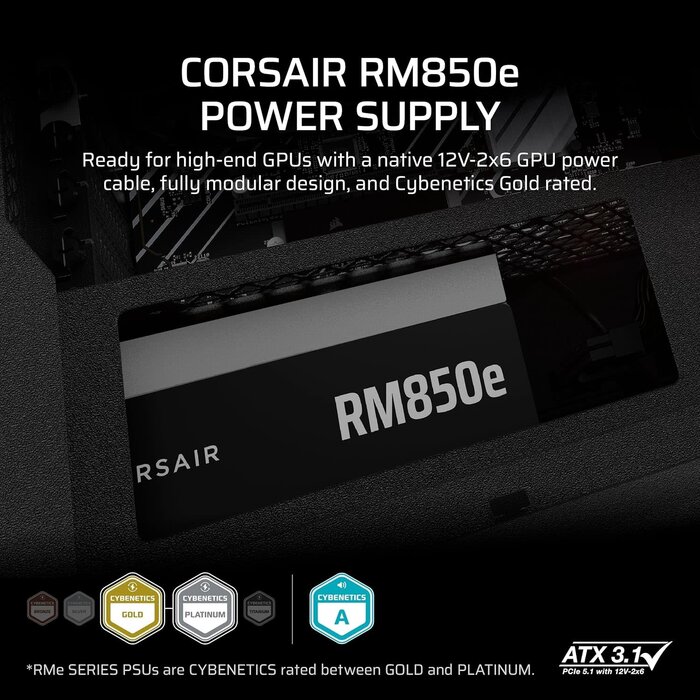 CP-9020296-NA - CORSAIR RM850e (2025) Fully Modular Low-Noise ATX Power Supply with 12V-2x6 Cable – ATX 3.1 & PCIe 5.1 Compliant, Cybenetics Gold Efficiency, 105°C-Rated Capacitors, Modern Standby Mode – Black