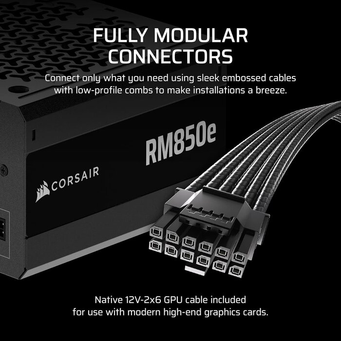 CP-9020296-NA - CORSAIR RM850e (2025) Fully Modular Low-Noise ATX Power Supply with 12V-2x6 Cable – ATX 3.1 & PCIe 5.1 Compliant, Cybenetics Gold Efficiency, 105°C-Rated Capacitors, Modern Standby Mode – Black
