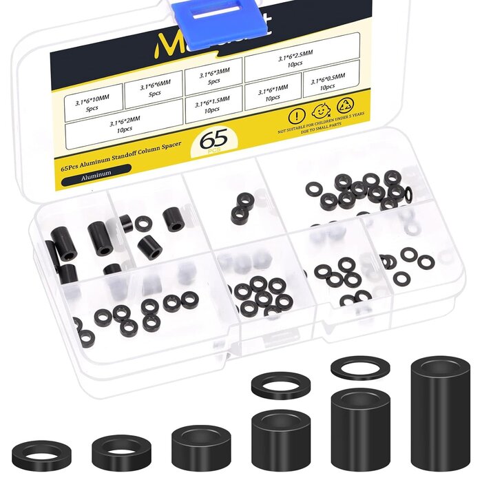 M1998 - Mardatt 65Pcs 8 Sizes Round Aluminum Spacer, 3.1x6mm(ID×OD) Black Aluminum Standoff Column Spacer, Length 0.5/1/1.5/2/2.5/3/6/10mm Thickness Aluminum Spacer for M3 Screws Bolts