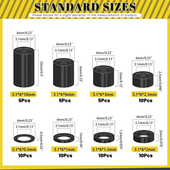 M1998 - Mardatt 65Pcs 8 Sizes Round Aluminum Spacer, 3.1x6mm(ID×OD) Black Aluminum Standoff Column Spacer, Length 0.5/1/1.5/2/2.5/3/6/10mm Thickness Aluminum Spacer for M3 Screws Bolts