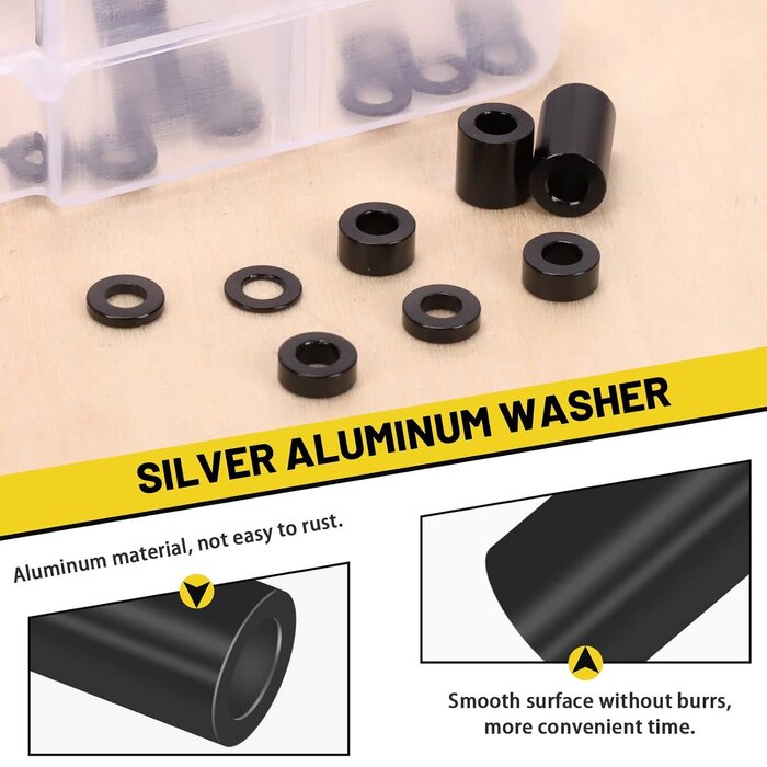 M1998 - Mardatt 65Pcs 8 Sizes Round Aluminum Spacer, 3.1x6mm(ID×OD) Black Aluminum Standoff Column Spacer, Length 0.5/1/1.5/2/2.5/3/6/10mm Thickness Aluminum Spacer for M3 Screws Bolts