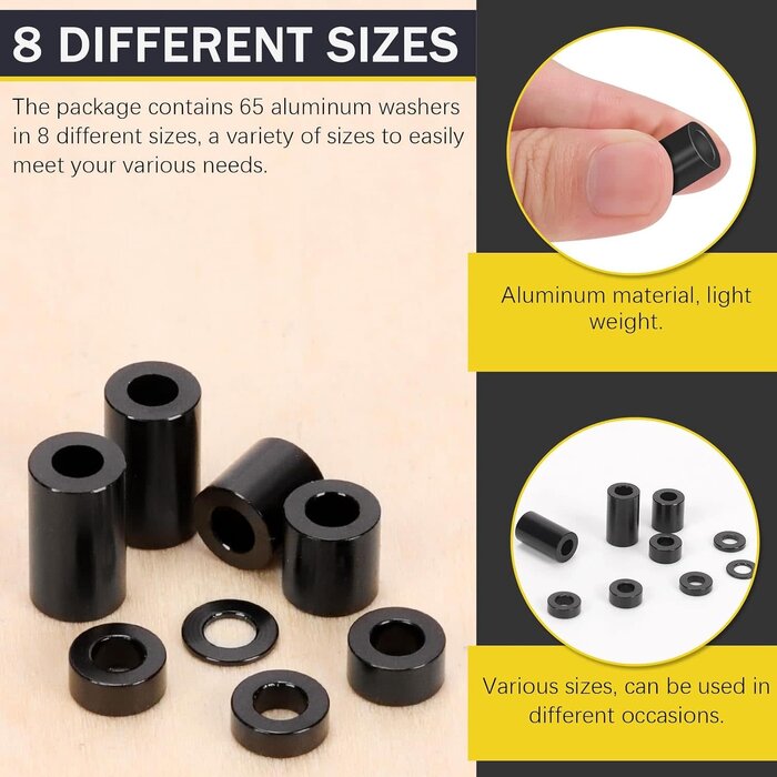 M1998 - Mardatt 65Pcs 8 Sizes Round Aluminum Spacer, 3.1x6mm(ID×OD) Black Aluminum Standoff Column Spacer, Length 0.5/1/1.5/2/2.5/3/6/10mm Thickness Aluminum Spacer for M3 Screws Bolts