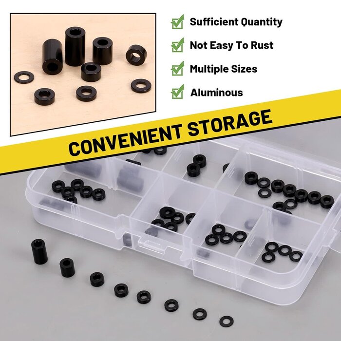 M1998 - Mardatt 65Pcs 8 Sizes Round Aluminum Spacer, 3.1x6mm(ID×OD) Black Aluminum Standoff Column Spacer, Length 0.5/1/1.5/2/2.5/3/6/10mm Thickness Aluminum Spacer for M3 Screws Bolts