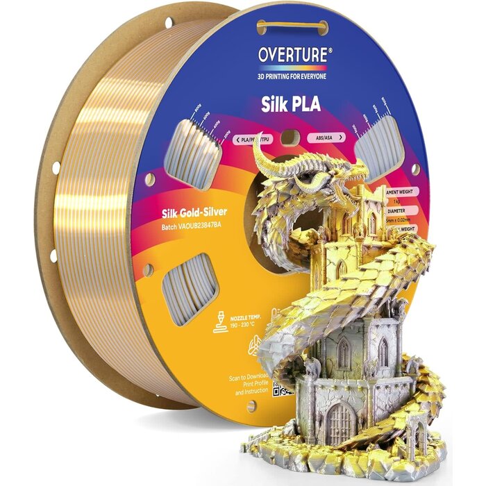 OVPLA-SILK-GLD-SLVR - OVERTURE Silk Gold-Silver PLA Dual Color Filament 1.75mm, Bi-Color Shiny PLA Finish, Smooth & Glossy, 1kg Spool (2.2lbs), Ideal for Cosplay Jewelry & Home Decor