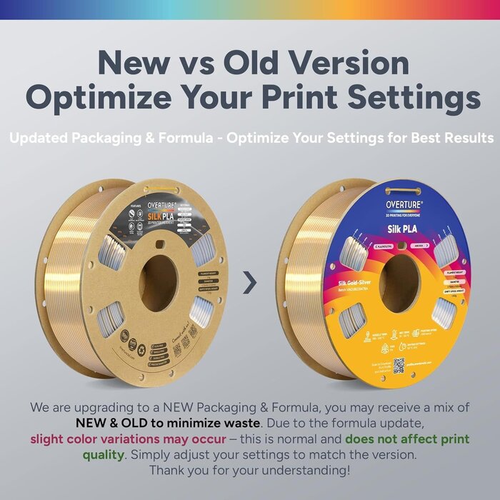 OVPLA-SILK-GLD-SLVR - OVERTURE Silk Gold-Silver PLA Dual Color Filament 1.75mm, Bi-Color Shiny PLA Finish, Smooth & Glossy, 1kg Spool (2.2lbs), Ideal for Cosplay Jewelry & Home Decor
