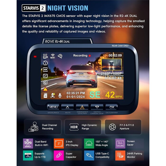 ROVE-R2-4K-DUAL - ROVE R2-4K DUAL Dash Cam Front and Rear, STARVIS 2 Sensor, FREE 128GB Card Included, 5G WiFi - up to 20MB/s Fastest Download Speed with App, 4K 2160P/FHD Dash Camera for Cars, 3" IPS, 24H Parking Mode