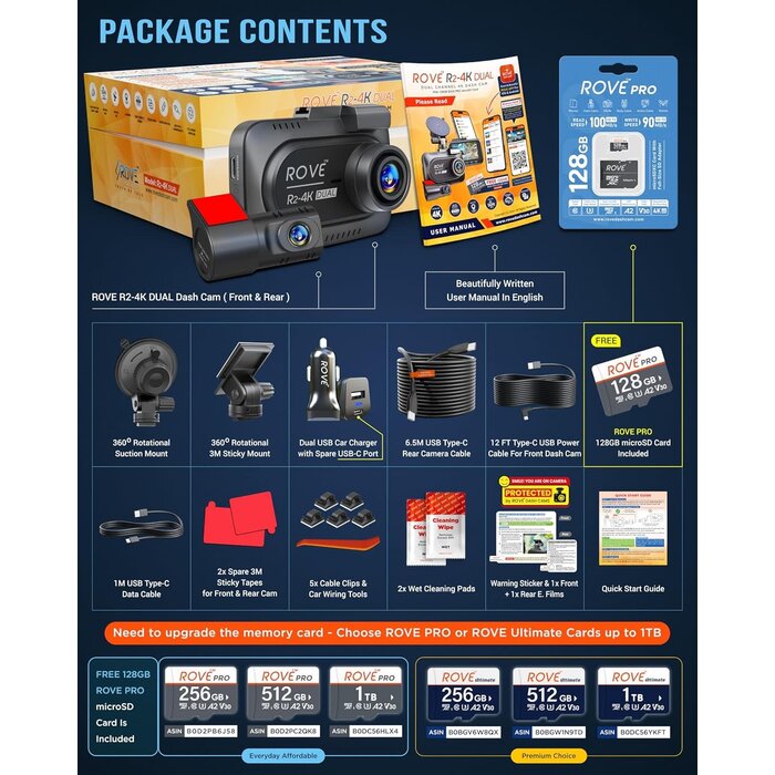 ROVE-R2-4K-DUAL - ROVE R2-4K DUAL Dash Cam Front and Rear, STARVIS 2 Sensor, FREE 128GB Card Included, 5G WiFi - up to 20MB/s Fastest Download Speed with App, 4K 2160P/FHD Dash Camera for Cars, 3" IPS, 24H Parking Mode