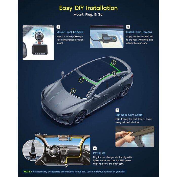 ROVE-R2-4K-DUAL - ROVE R2-4K DUAL Dash Cam Front and Rear, STARVIS 2 Sensor, FREE 128GB Card Included, 5G WiFi - up to 20MB/s Fastest Download Speed with App, 4K 2160P/FHD Dash Camera for Cars, 3" IPS, 24H Parking Mode