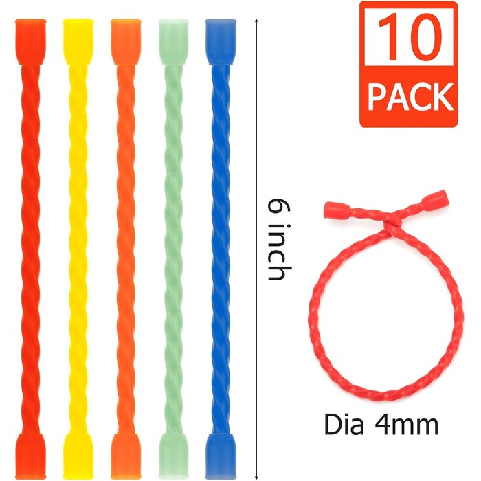 23-CBT-6 - GESIPOR 10pcs 6-Inch Silicone Cable Ties - Reusable Twist Ties Bendable Steel-Core Rubber Cable Ties for Bundling and Holding, All Purpose Cord Tie for Indoor and Outdoor (5 Colors)