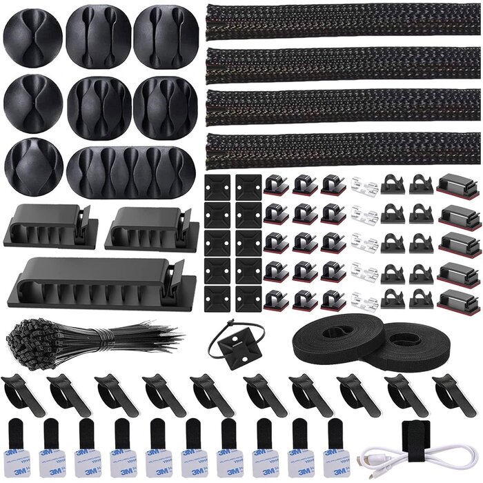N-NOROCME-1 - N NOROCME 192pcs Cable Management Kit, 4 Wire Organizer Sleeve, 11 Cable Holder, 35Cord Clips 10+2 Roll Cable Organizer Straps and 100 Fastening Cable Ties for Computer TV Under Desk, black, clear