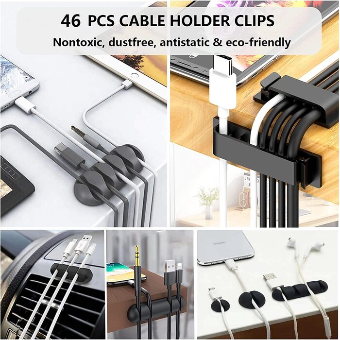 N-NOROCME-1 - N NOROCME 192pcs Cable Management Kit, 4 Wire Organizer Sleeve, 11 Cable Holder, 35Cord Clips 10+2 Roll Cable Organizer Straps and 100 Fastening Cable Ties for Computer TV Under Desk, black, clear